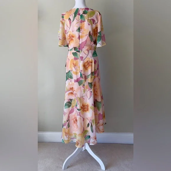Maggy London Floral Asymmetric Hem Short Flutter Sleeve Midi Dress NWT Size 14W - Picture 6 of 9